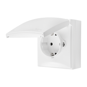 Simon Aquaclick single Schuko socket, IP44, same color flap and cover, 16A, white — image 1