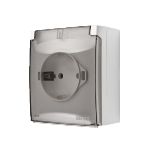 Simon Aquaclick IP44 single socket outlet with Schuko earthing and shutters - transparent flap, 16A, white — image 1