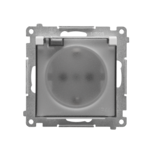 Simon 55 IP44 single socket outlets with Schuko earthing, with frame seal - transparent flap, module, 16A, quick connection, light gray matt — image 1