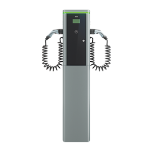 Elektromobilių įkrovimo stotelė „Simon Neon“, ant pjedestalo, trifazė, 32 A, 44 kW, 2 tipo spiralinis įkrovimo kabelis, RFID, MID, 4G/LTE modemas, 40 A, C tipo automatinis jungiklis 30 mA, A tipo nuotėkio į žemę automatinis jungiklis — nuotrauka 1