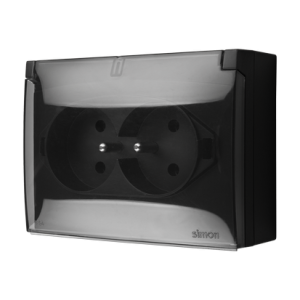 Simon Aquaclick IP44 double socket outlet with earthing and shutters - transparent flap, 16A, quick connection, black matt — image 1