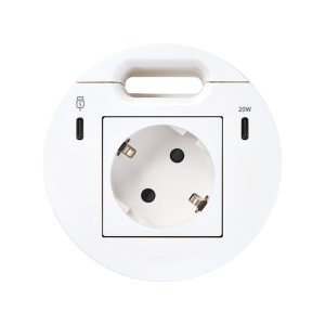 Furniture power socket (schuko grounding) with USB-C 20W charger, USB Type C DATA port and grommet (cable outlet)- 1x HDMI + LAN + 3x USB Type A docking station included, Simon 400 Flash 90, IP20, 16A, Mount. dimen.: Ø80mm, white — image 1