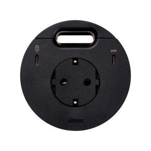 Furniture power socket (schuko grounding) with USB-C 20W charger, USB Type C DATA port and grommet (cable outlet)- 2x HDMI + LAN + 3x USB Type A docking station included, Simon 400 Flash 90, IP20, 16A, Mount. dimen.: Ø80mm, black — image 1
