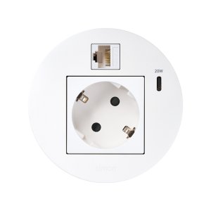 Furniture power socket (schuko grounding) with USB-C 20W charger and RJ45 connector cat. 6 UTP (Keystone), Simon 400 Flash 90, IP20, 16A, Mount. dimen.: Ø80mm, white — image 1