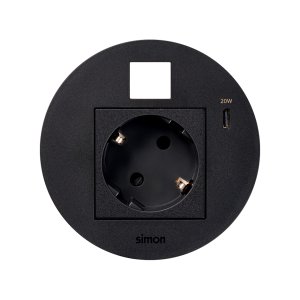 Furniture power socket (schuko grounding) with USB-C 20W charger and RJ45 plate (keystone), Simon 400 Flash 90, IP20, 16A, Mount. dimen.: Ø80mm, black — image 1