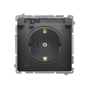 Simon Basic IP44 socket outlet with Schuko earthing, shutters and frame seal - transparent flap, 16A, black matt — image 1