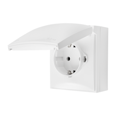 Simon Aquaclick single Schuko socket, IP44, same color flap and cover, 16A, white