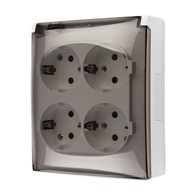 Simon Aquaclick quadruple socket outlet with SCHUKO earthing and shutters - IP44 version - transparent flap, 16A, quick connection, white