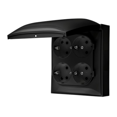Simon Aquaclick quadruple socket outlet with SCHUKO earthing - IP44 version and shutters - flap in colour of the cover, 16A, quick connection, black matt