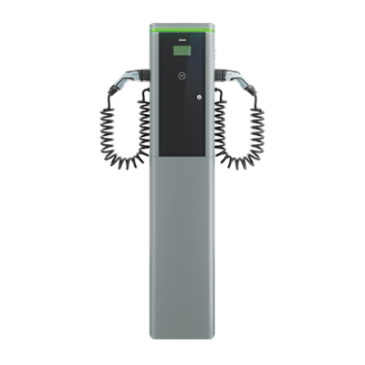Elektromobilių įkrovimo stotelė „Simon Neon“, ant pjedestalo, trifazė, 32 A, 44 kW, 2 tipo spiralinis įkrovimo kabelis, RFID, MID, 4G/LTE modemas, 40 A, C tipo automatinis jungiklis 30 mA, A tipo nuotėkio į žemę automatinis jungiklis