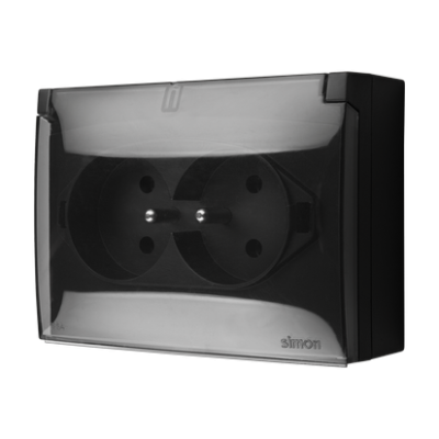 Simon Aquaclick IP44 double socket outlet with earthing and shutters - transparent flap, 16A, quick connection, black matt