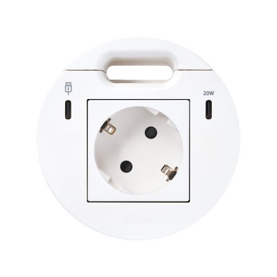 Baldų elektros lizdas (su „Schuko“ įžeminimu) su 20 W USB-C įkrovikliu, USB Type-C duomenų perdavimo prievadu ir izoliacine įvorėle (kabelio išėjimas) – komplekte yra 1x HDMI + LAN + 3x USB tipo A jungčių stotelė, „Simon 400 Flash 90“, IP20, 16 A, montavi