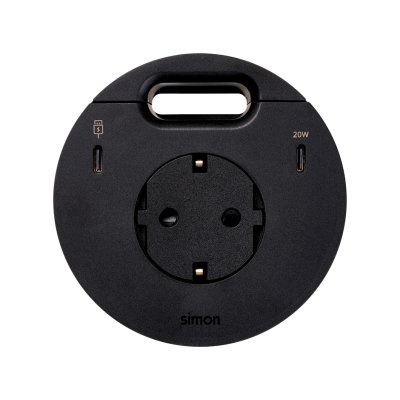 Baldų elektros lizdas (su „Schuko“ įžeminimu) su 20 W USB-C įkrovikliu, USB Type-C duomenų perdavimo prievadu ir izoliacine įvorėle (kabelio išėjimas) – komplekte yra 2x HDMI + LAN + 3x USB tipo A jungčių stotelė, „Simon 400 Flash 90“, IP20, 16 A, montavi
