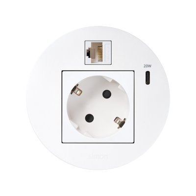 Baldų elektros lizdas (su „Schuko“ įžeminimu) su USB-C 20 W įkrovikliu ir RJ45 jungtimi (6 kategorijos UTP, „Keystone“), „Simon 400 Flash 90“, IP20, 16 A, montavimo matmenys: Ø80 mm
