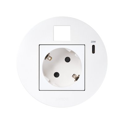 Baldų elektros lizdas (su „Schuko“ įžeminimu) su USB-C 20 W įkrovikliu ir RJ45 plokštele („Keystone“), „Simon 400 Flash 90“, IP20, 16 A, montavimo matmenys: Ø80 mm