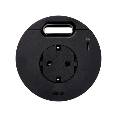 Baldų elektros lizdas (su „Schuko“ įžeminimu) su 20 W USB-C įkrovikliu ir kabelio išvedimo anga, „Simon 400 Flash 90“, IP20, 16 A, montavimo matmenys: Ø80 mm