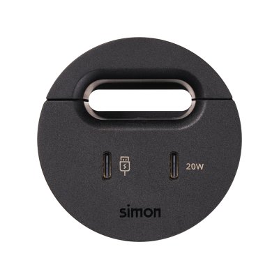 Baldų USB-C jungtys su doko stotele, įskaitant 1 HDMI + LAN + 3 USB tipo A jungtis ir kabelio išvedimo angą, „Simon 400 Flash 60“, IP20, montavimo matmenys: Ø54 mm