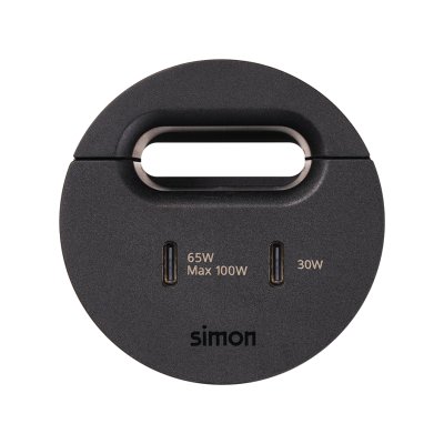 Dvigubas baldinis USB-C 100 W įkroviklis su izoliacijos praėjimu (kabelio išėjimu), „Simon 400 Flash 60“, IP20, montavimo matmenys: Ø54 mm
