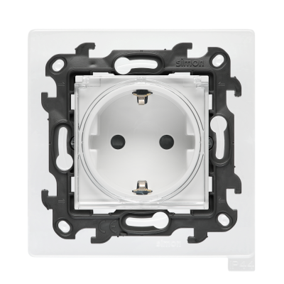 Single socket outlet with Schuko earthing for IP44 version with seal frame, with shutters, (module), Simon 24, IP44, Flap color: Transparent
