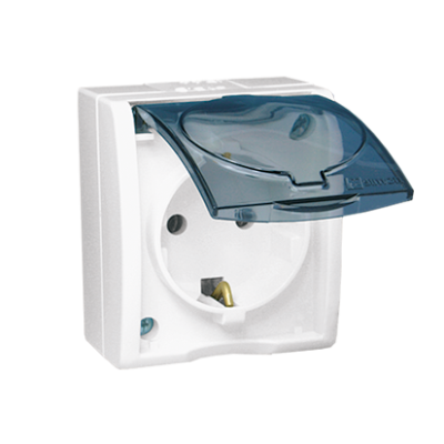 Simon Aquarius IP54 single socket outlet with Schuko earthing and shutters - transparent flap, 16A, white