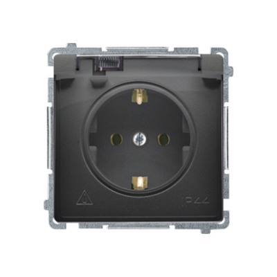 Simon Basic IP44 socket outlet with Schuko earthing, shutters and frame seal - transparent flap, 16A, black matt