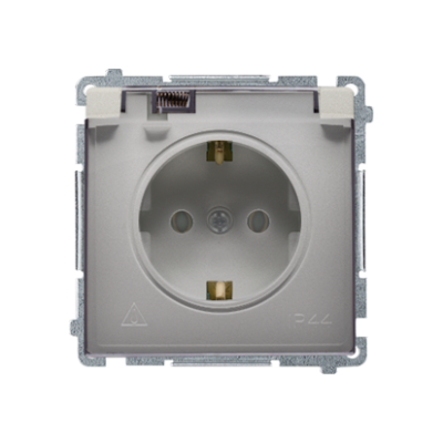 Simon Basic IP44 socket outlet with Schuko earthing, shutters and frame seal - transparent flap, 16A, satin, metallized