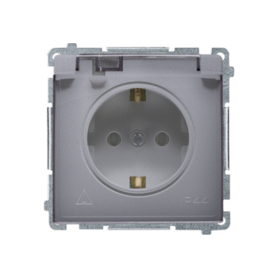 Simon Basic IP44 socket outlet with Schuko earthing, shutters and frame seal - transparent flap, 16A, silver matt, metalic
