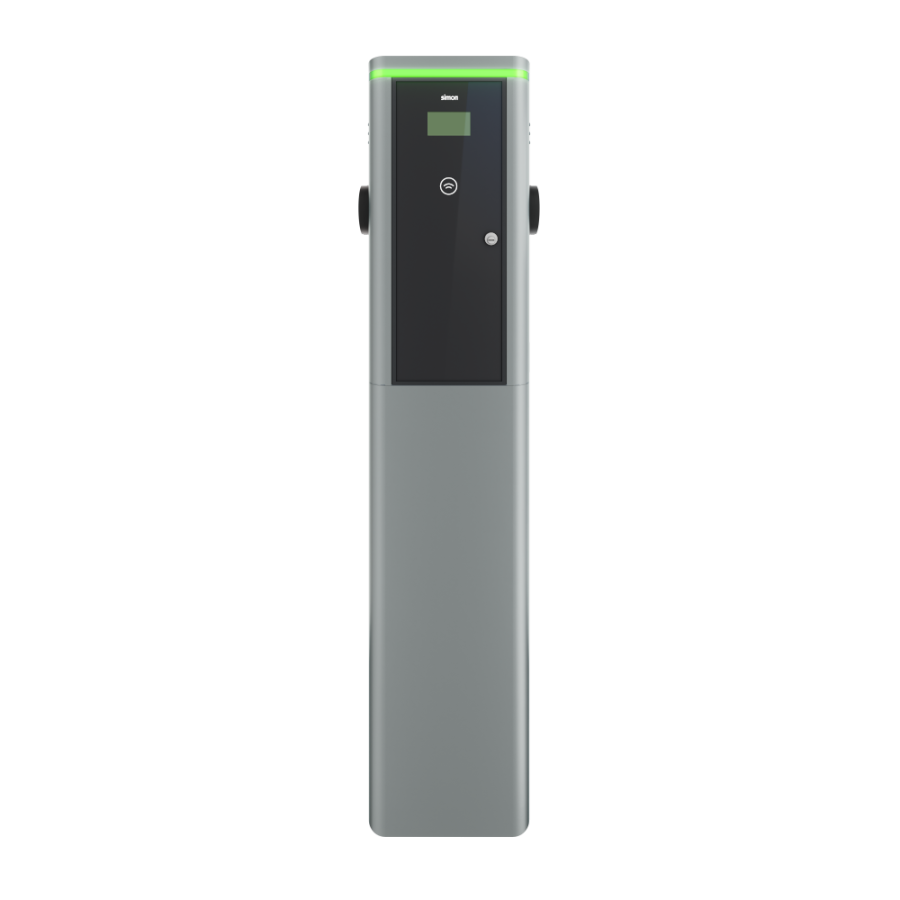 Electric vehicle charging station, Simon Neon, pedestal, 3-phase, 32A, 44kW, 2 socket outlets Type 2, RFID, MID, 4G/LTE modem, 40A, C type circuit breaker 30mA, A type earth leakage circuit breaker