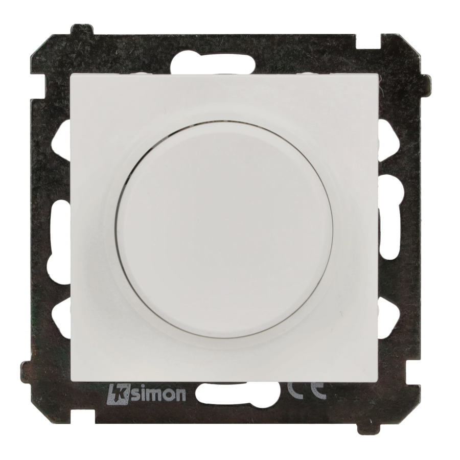 Simon 55 reguliatorius reguliuojamoms LED lempoms, su sukamuoju-spaudžiamuoju jungikliu, 1 polių, 230 V, modulis, 2 W–200 W, matinė balta