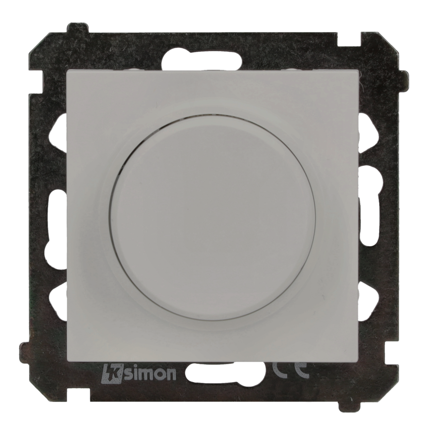 Simon 55 reguliatorius reguliuojamoms LED lempoms, su sukamuoju-spaudžiamuoju jungikliu, 1 polių, 230 V, modulinis, 2 W–200 W, šviesiai pilka matinė