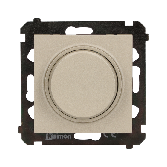 Simon 55 reguliatorius reguliuojamoms LED lempoms, su sukamuoju-spaudžiamuoju jungikliu, 1 polių, 230 V, modulinis, 2 W–200 W, matinis šampanas