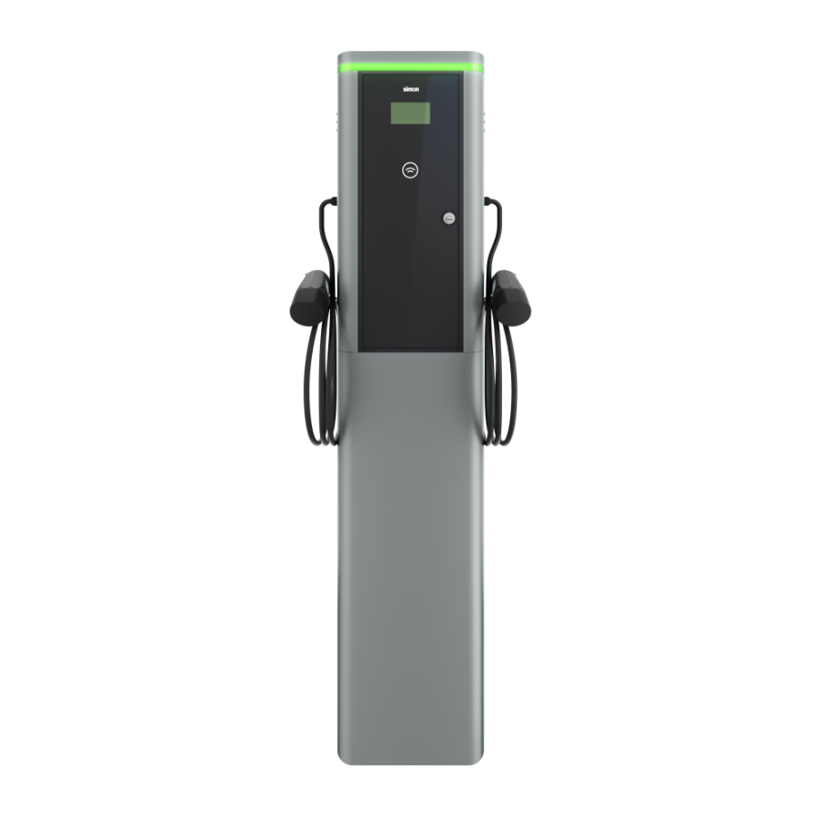 Elektromobilių įkrovimo stotelė „Simon Neon“, ant pjedestalo, vienfazė, 32 A, 14 800 W, tiesus 2 tipo įkrovimo kabelis, RFID, MID, 4G/LTE modemas, 40 A, C tipo automatinis jungiklis 30 mA, A tipo nuotėkio į žemę automatinis jungiklis