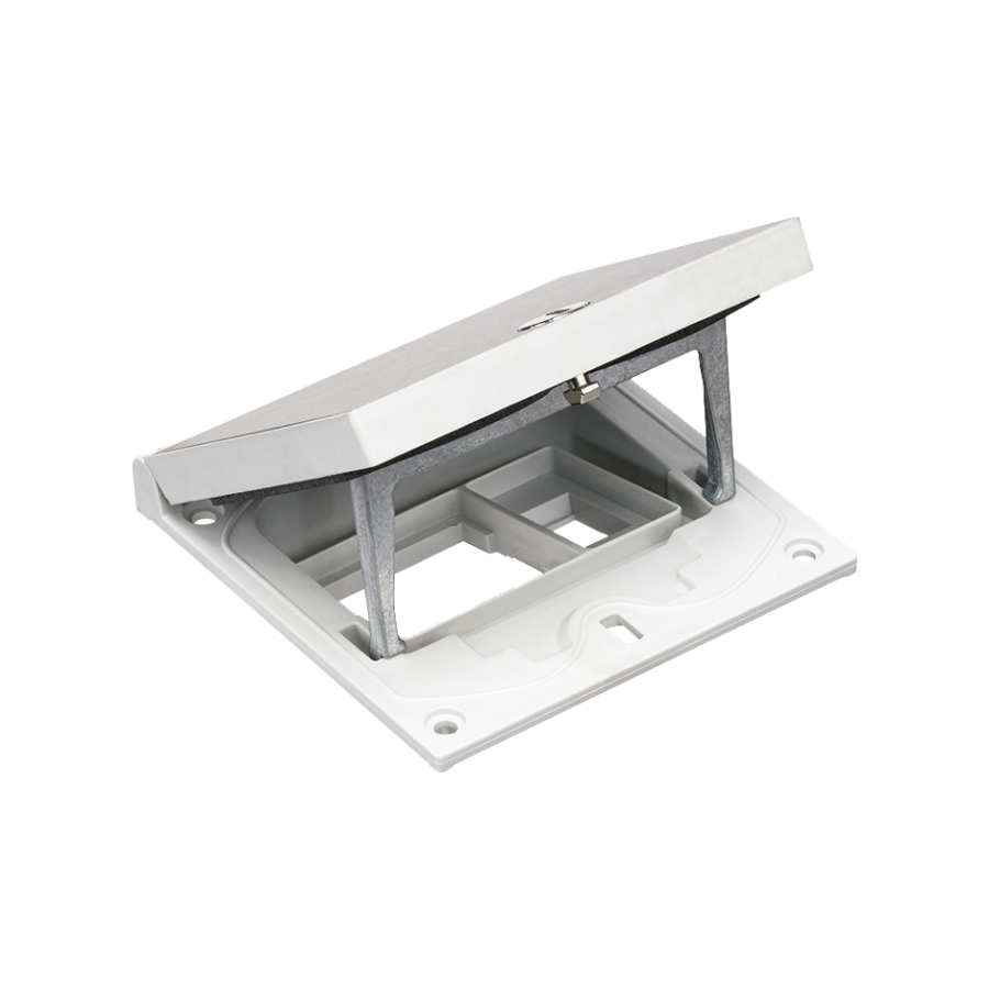 KGT floor box insert, IP66, IK08, 1.5×K45, module 22,5x45mm with Keyston latch for RJ45 or multimedia connectors, empty space for 45x45 module, easy access lock, inox steel