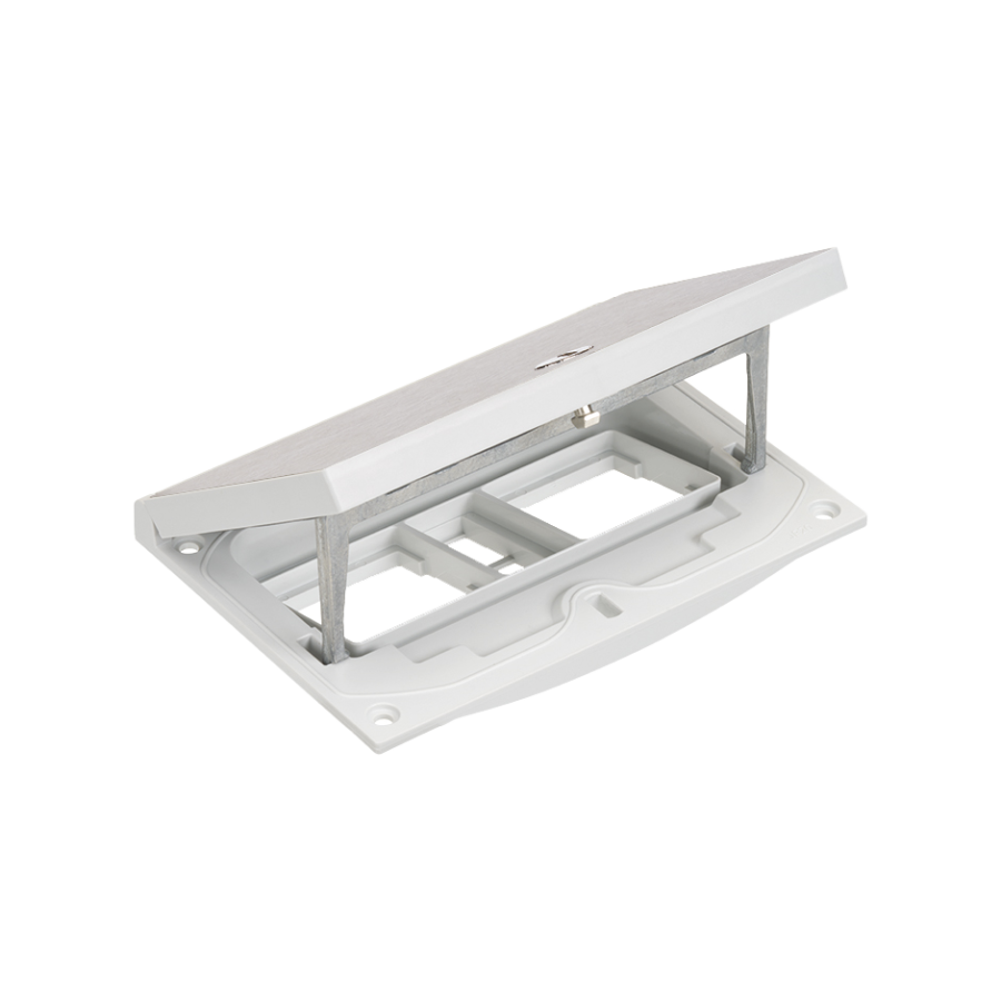 KGT floor box insert, IP66, IK08, 2.5×K45, module 22,5x45mm with 2 Keyston latch for RJ45 or multimedia connectors, empty space for 2 modules 45x45, easy access lock, inox steel