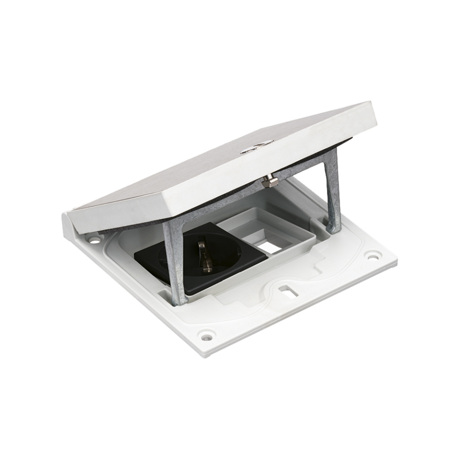KGT grindų dėžutės įdėklas, IP66, IK08, 1,5×K45, F tipo lizdas (Schuko), 22,5×45 mm modulis su „Keyston“ fiksatoriumi, skirtas RJ45 arba multimedijos jungtims, užrakinamas šešiakampiu raktu, nerūdijantis plienas (Inox)