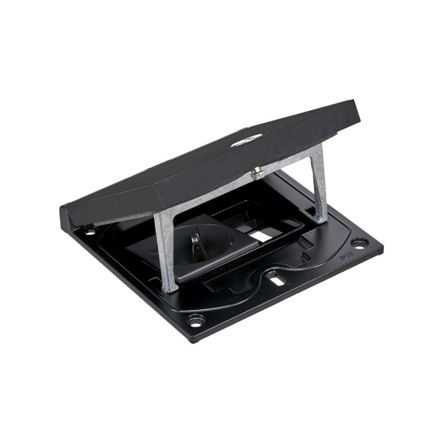 KGT grindų dėžutės įdėklas, IP66, IK08, 1,5×K45, F tipo lizdas (Schuko), 22,5×45 mm modulis su „Keyston“ fiksatoriumi, skirtas RJ45 arba multimedijos jungtims, užrakinamas šešiakampiu raktu, juoda