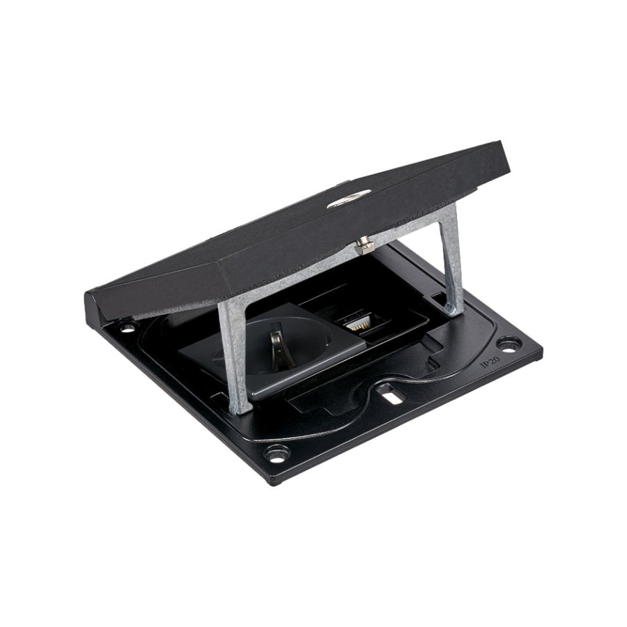 KGT grindų dėžutės įdėklas, IP66, IK08, 1,5×K45, F tipo kištukinė lizda (Schuko), RJ45 kat. 6 UTP modulis, lengvai atidaroma spyna, juoda