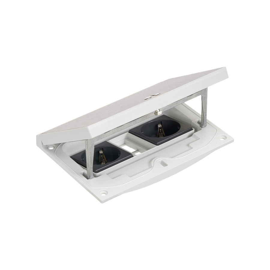 KGT grindų dėžutės įdėklas, IP66, IK08, 2,5×K45, 2 F tipo lizdai (Schuko), modulis 22,5×45 mm su 2 „Keyston“ fiksatoriais, skirtais RJ45 arba multimedijos jungtims, lengvai atidaroma spyna, nerūdijantis plienas (Inox)