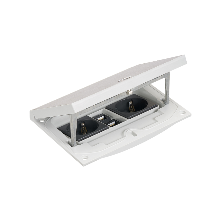 KGT floor box insert, IP66, IK08, 2.5×K45, 2 sockets type F (schuko), 2 modules RJ45 cat. 6 UTP, allen key lock, inox steel