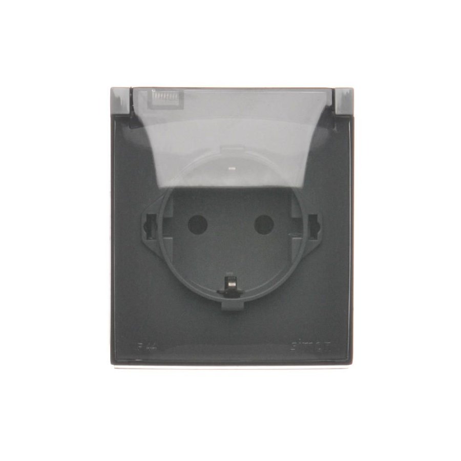 Simon Aquaclick single Schuko socket, IP44, transparent flap, 16A, dark grey