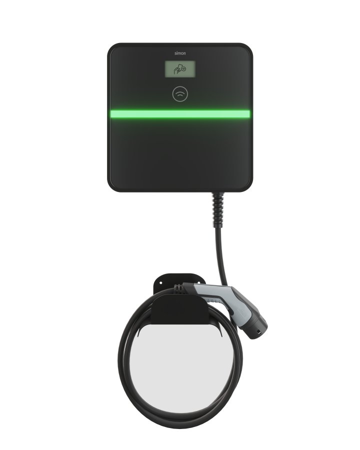 Pagal užsakymą pagamintas gaminys, elektromobilių įkrovimo stotelė, „Simon Xenon“, montuojama ant sienos, trifazė, 32 A, 22 000 W, 2 tipo tiesus įkrovimo kabelis, RFID, MID, 4G/LTE modemas (pasirenkamas), 40 A, C tipo automatinis jungiklis 30 mA, A tipo n