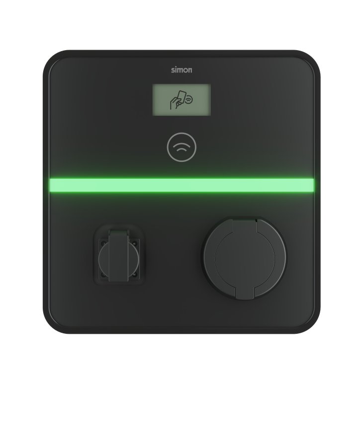 Made-to-order product, electric vehicle charging station, Simon Xenon, wall mounted, Single phase, 32A, 7400W, Schuko socket outlet + Type 2 socket outlet, RFID, MID, 4G/LTE modem (optional), 40A, C type circuit breaker 30mA, A type earth leakage circuit