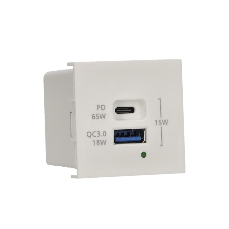 USB charger QUICK CHARGE, K45, 5V, DC, 3.1A, 45×45mm, USB: C+A, Maximum charging power: 65W, white