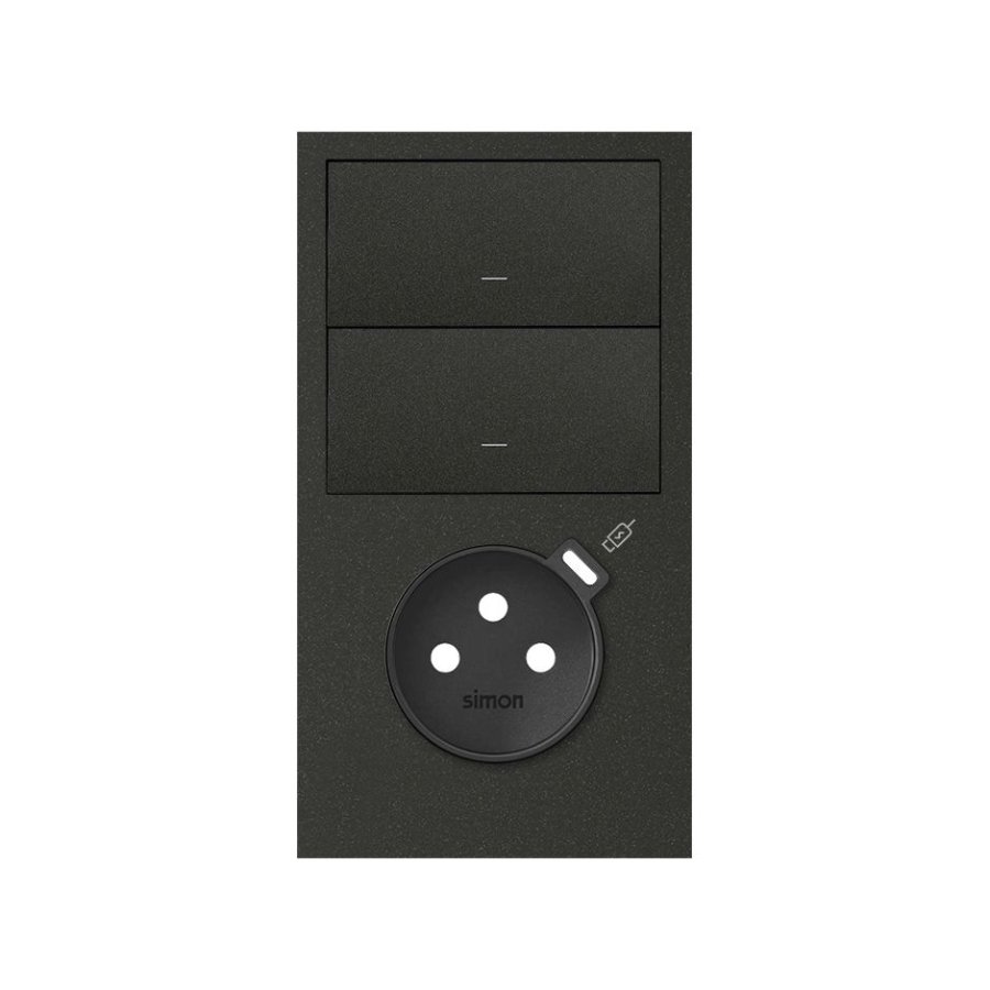 Simon 100 vertikalus priekinis rinkinys, skirtas 2 elementams, su 1 reguliuojamu jungikliu, 1 USB-C įkrovikliu ir 1 vokiška kištukine rozete, USB: C, įkrovimo srovė: 2,1 A, juoda