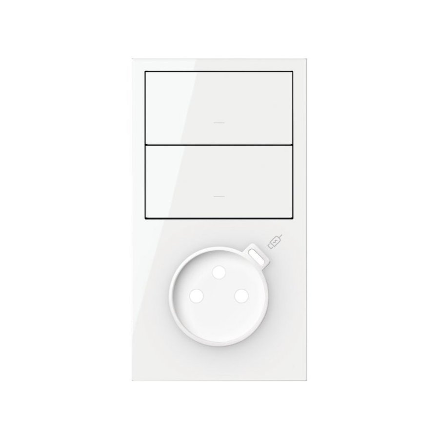 Simon 100 vertikalus priekinis rinkinys, skirtas 2 elementams, su 1 reguliuojamu jungikliu, 1 USB-C įkrovikliu ir 1 vokiška kištukine rozete, USB: C, įkrovimo srovė: 2,1 A, balta