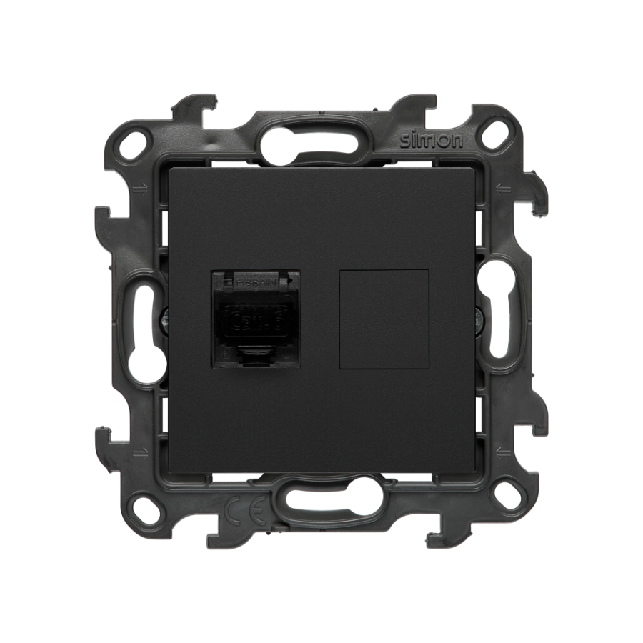 Single shielded computer socket RJ45 category 6 with anti-dust cover, (module), Simon 24, IP20, black matt