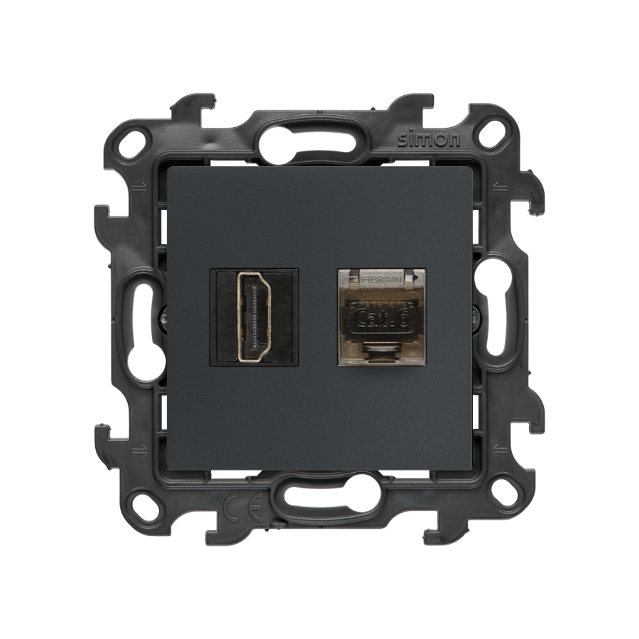 HDMI 2.1 socket + computer socket RJ45 cat.6, (module), Simon 24, IP20, HDMI Standard: HDMI 2.1, graphite mat