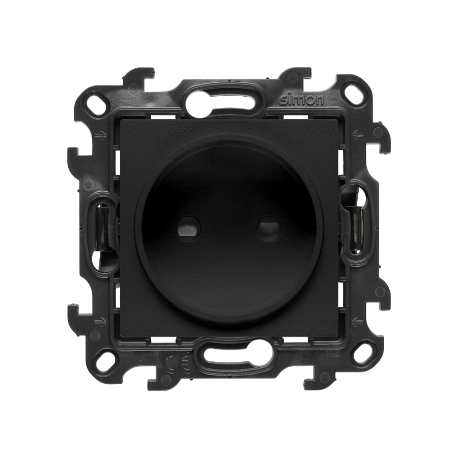 Single socket outlet without earthing, with shutters, (module), Simon 24, IP20, 16A, black matt