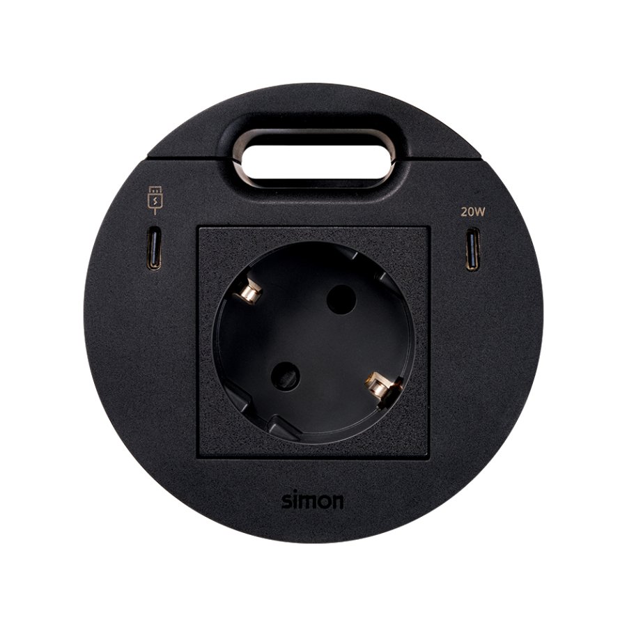 Furniture power socket (schuko grounding) with USB-C 20W charger, USB Type C DATA port and grommet (cable outlet)- 1x HDMI + LAN + 3x USB Type A docking station included, Simon 400 Flash 90, IP20, 16A, Mount. dimen.: Ø80mm, black