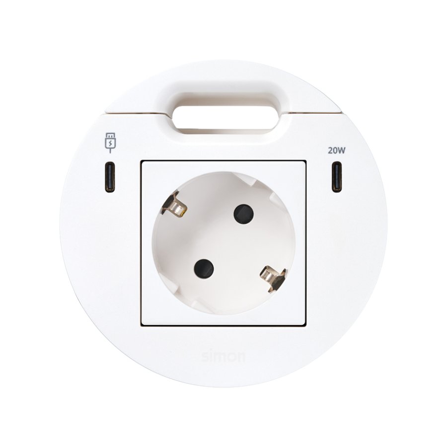 Furniture power socket (schuko grounding) with USB-C 20W charger, USB Type C DATA port and grommet (cable outlet)- 1x HDMI + LAN + 3x USB Type A docking station included, Simon 400 Flash 90, IP20, 16A, Mount. dimen.: Ø80mm, white